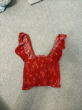 Skylar + Madison Red Floral Smocked Crop Top with Ruffle Straps